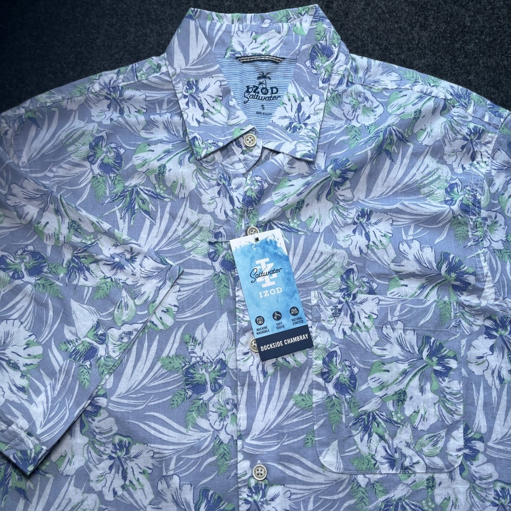 IZOD Button Down Mens Small Blue New Saltwater Dockside Chambray Floral Print
